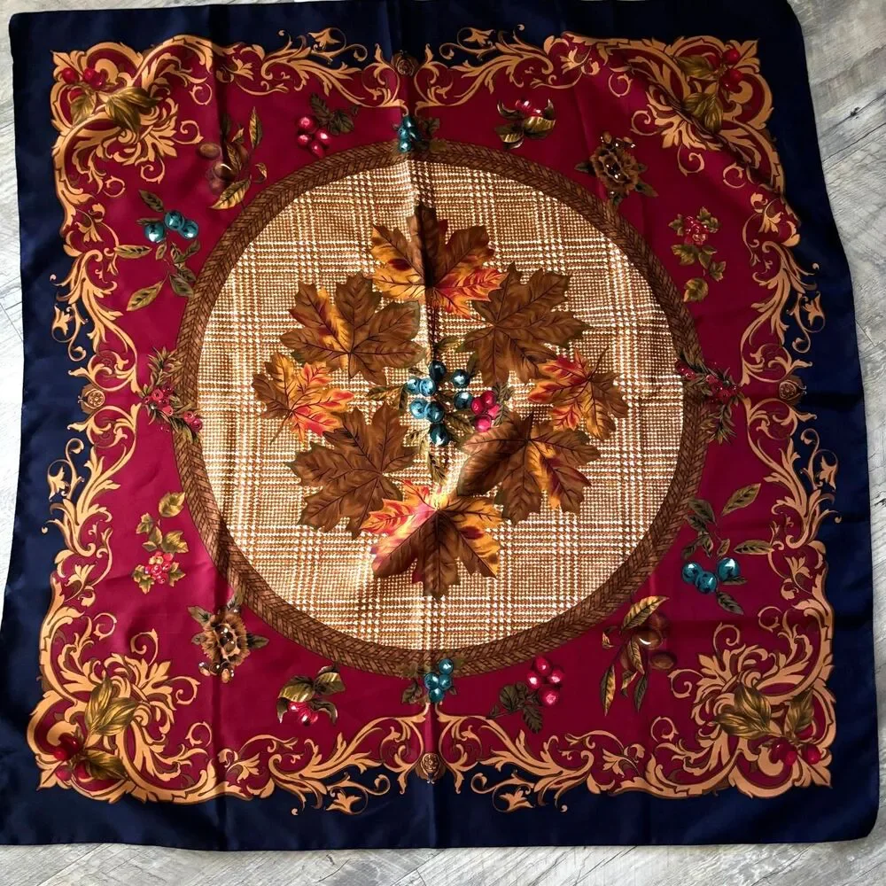 Vintage Fall Silk Scarf 34x34 Burgundy Navy Gold Leaf Plaid Square Women's #22